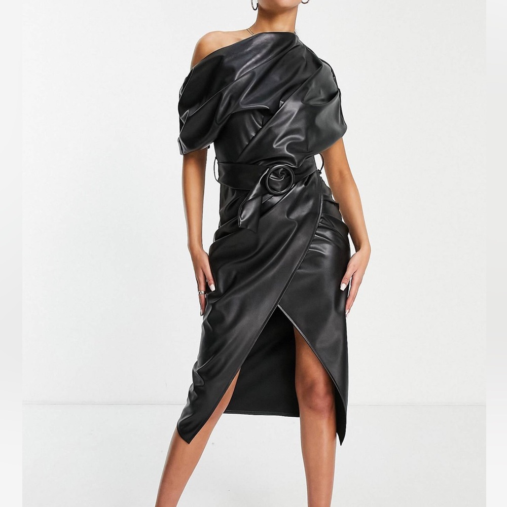 NEW ASOS design tall black asymmetric PU leather dress